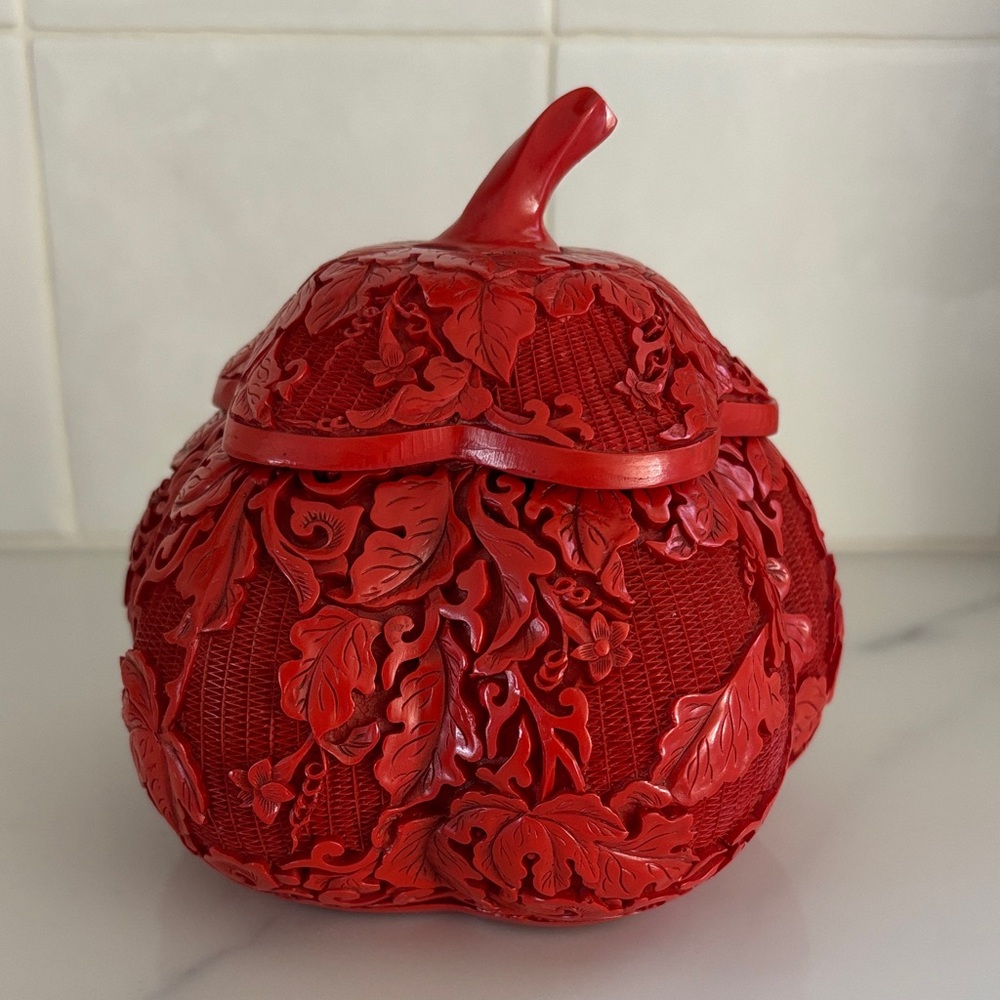 Vintage Carved Red Apple Chinese Trinket Box - Intricate Floral Design
